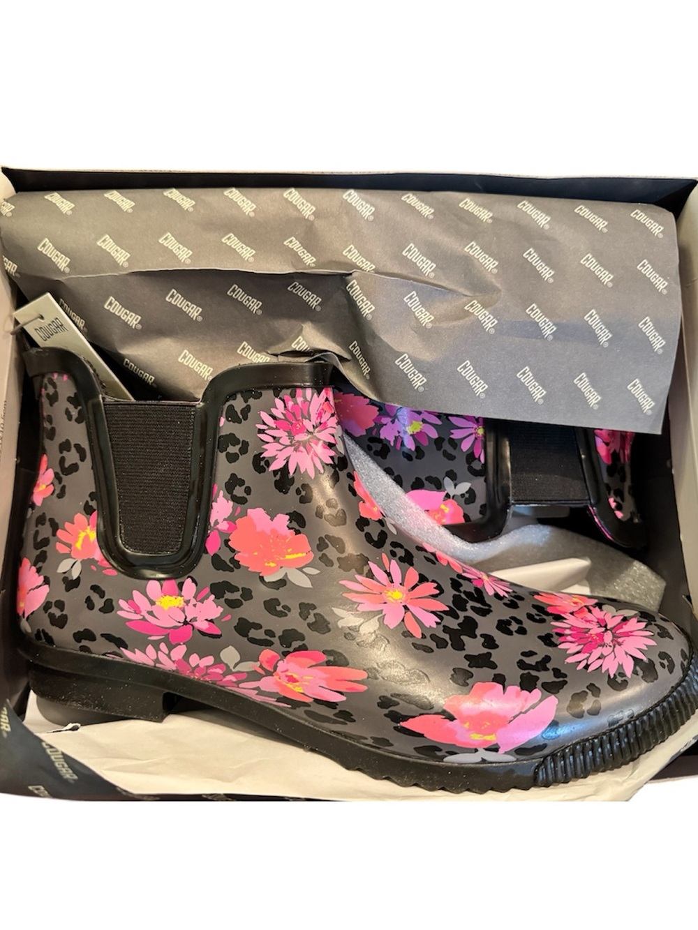 Cougar Black Rain Chelsea Boots with Pink Floral Print NIB